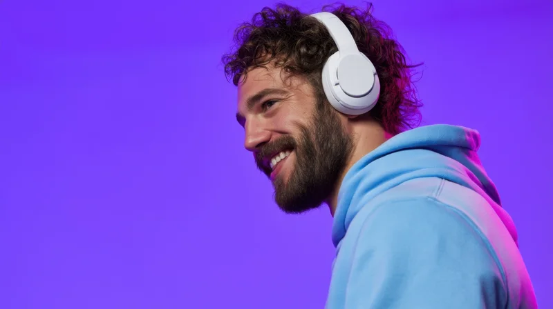 Young man smiling while wearing white headphones in a studio with purple lighting
