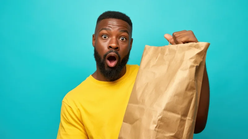 Young black man holding a paper bag with a surprised expression in a studio setting