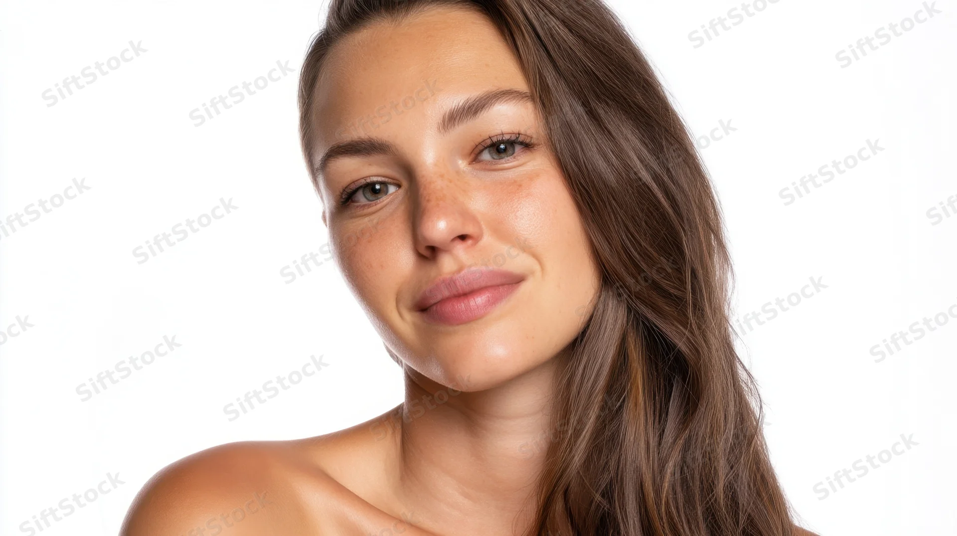 Young woman with long brown wavy hair and freckles smiling softly in studio portrait against white background