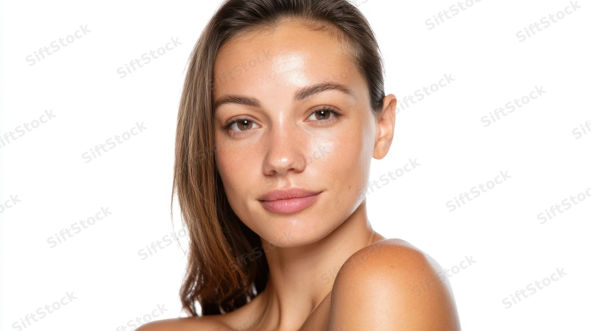 Young woman with clear glowing skin in studio portrait against white background