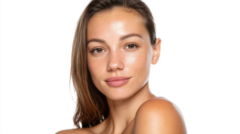 Young woman with clear glowing skin in studio portrait against white background
