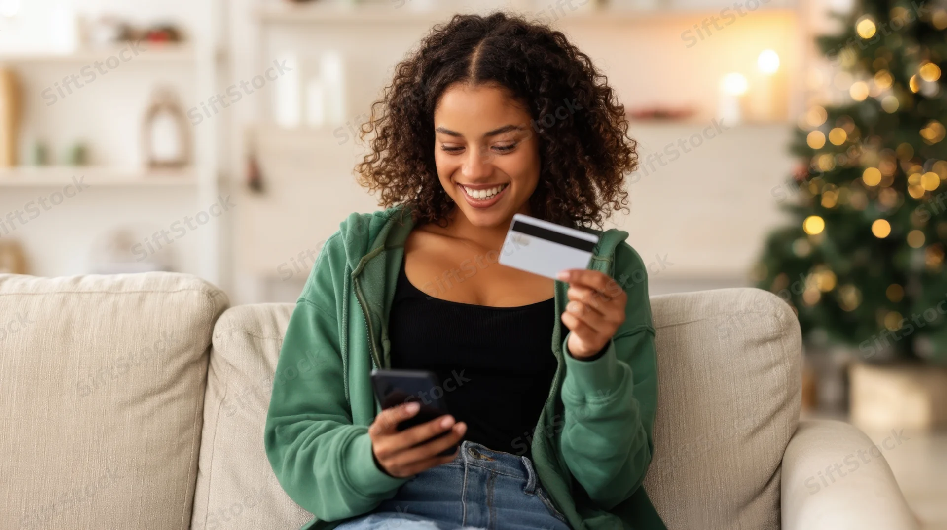 Young woman smiling while holding credit card and using smartphone on couch at home during christmas