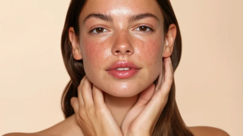 Young woman touching her neck and face with hands, close-up portrait against neutral background