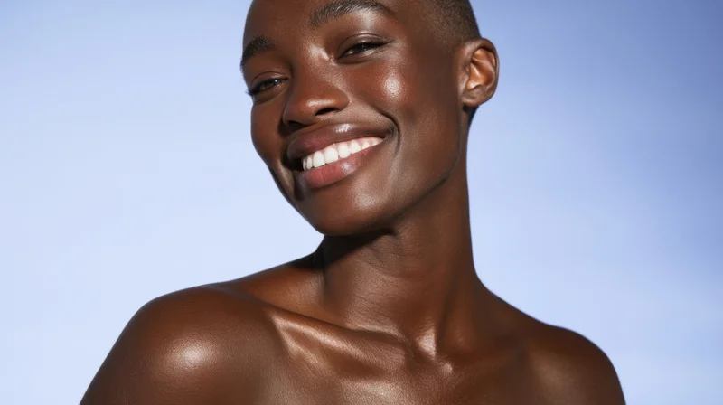 Young black woman smiling with radiant skin in studio portrait