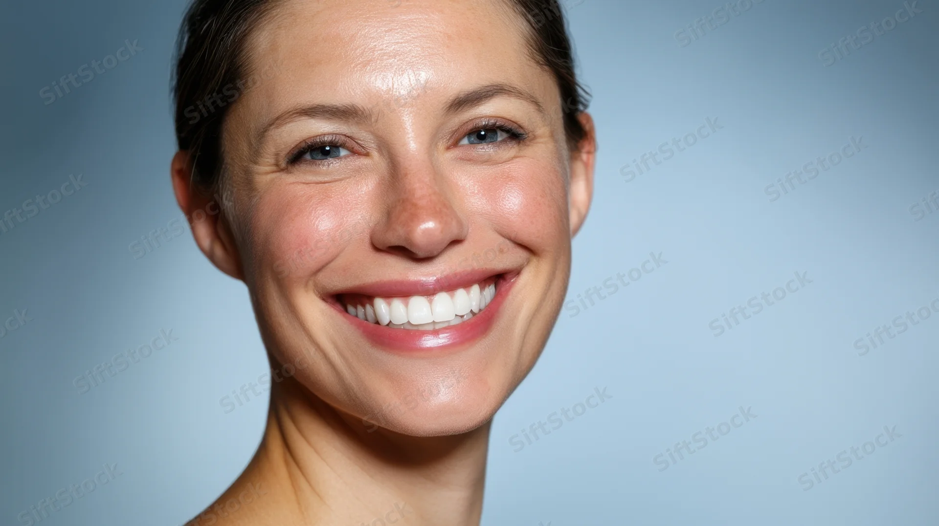 Closeup portrait of a smiling young woman with radiant skin against a light blue background
