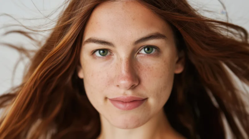 Young woman with flowing red hair and freckles looking directly at camera in studio portrait