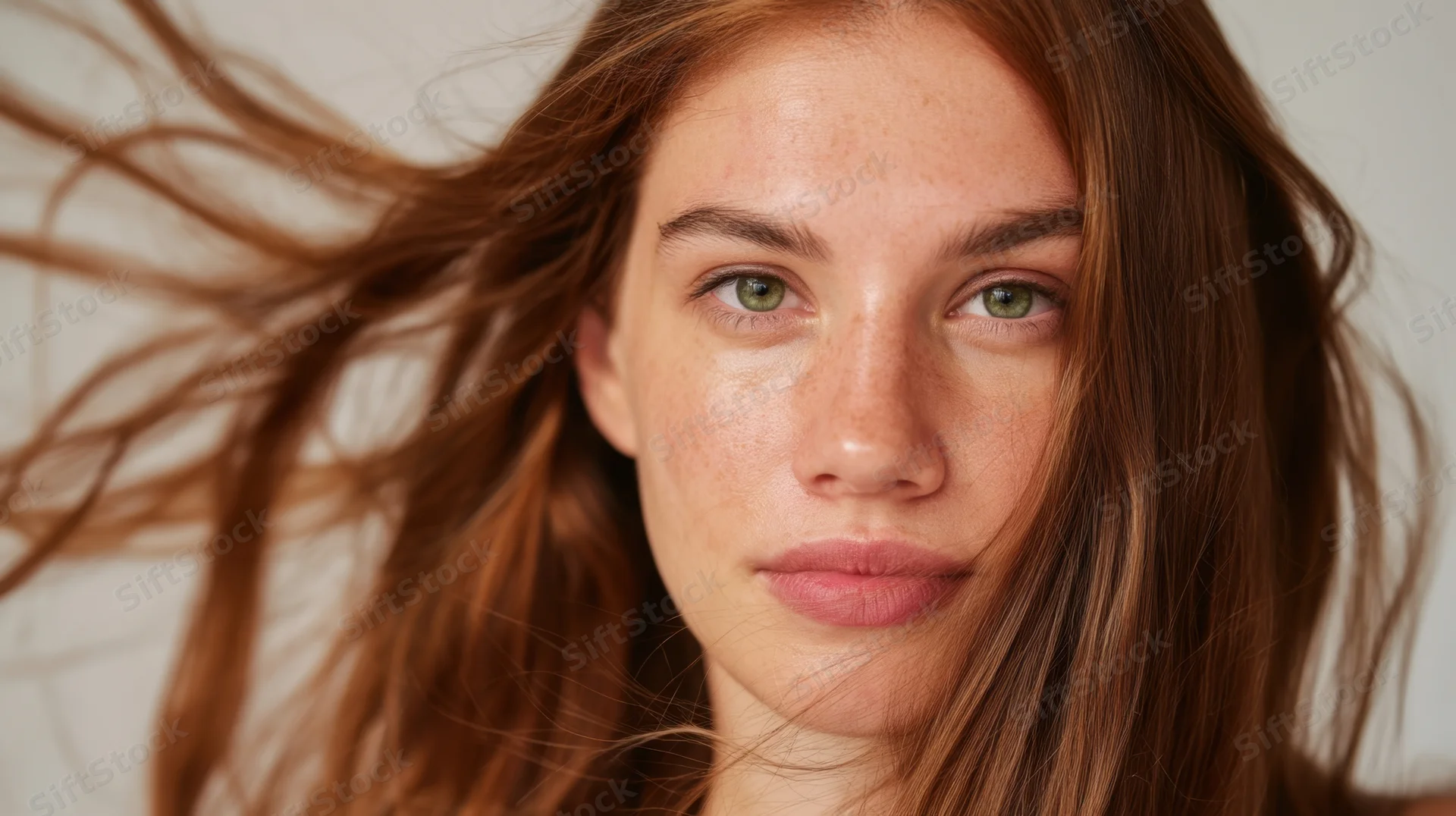 Young woman with flowing red hair and green eyes in a closeup portrait against a neutral background