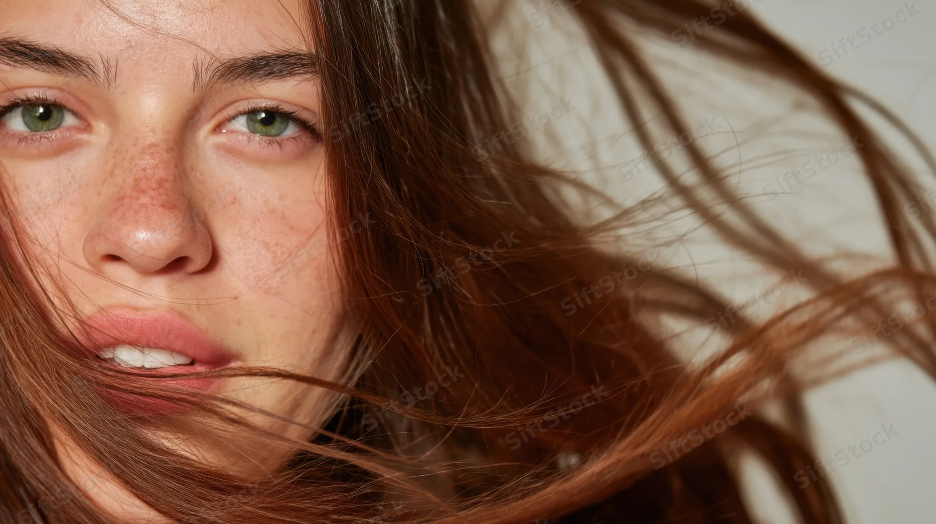Closeup of young woman with brown hair blowing across her face, green eyes and freckles visible, soft studio lighting