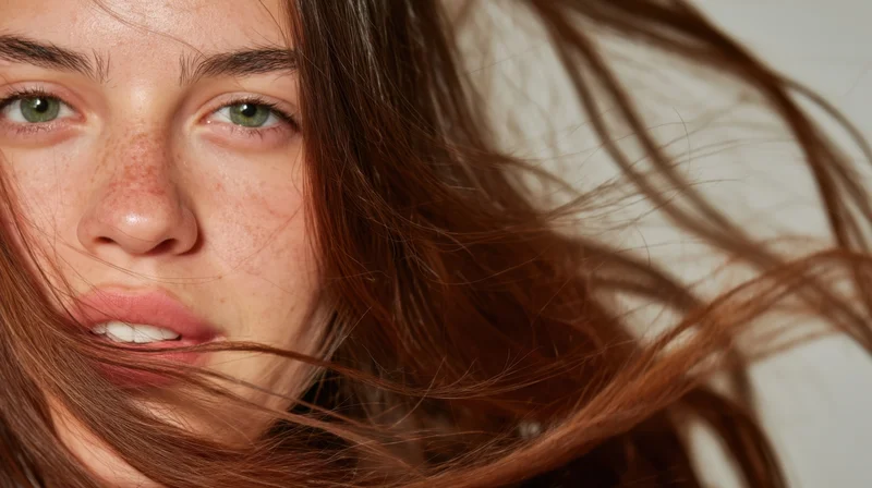 Closeup of young woman with brown hair blowing across her face, green eyes and freckles visible, soft studio lighting