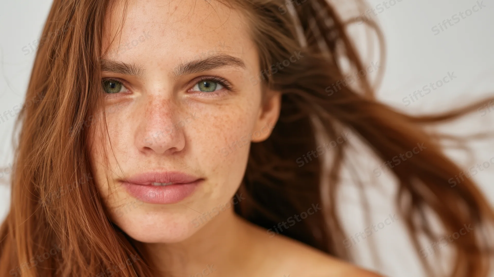 Closeup portrait of a young woman with freckles and flowing auburn hair against a neutral background