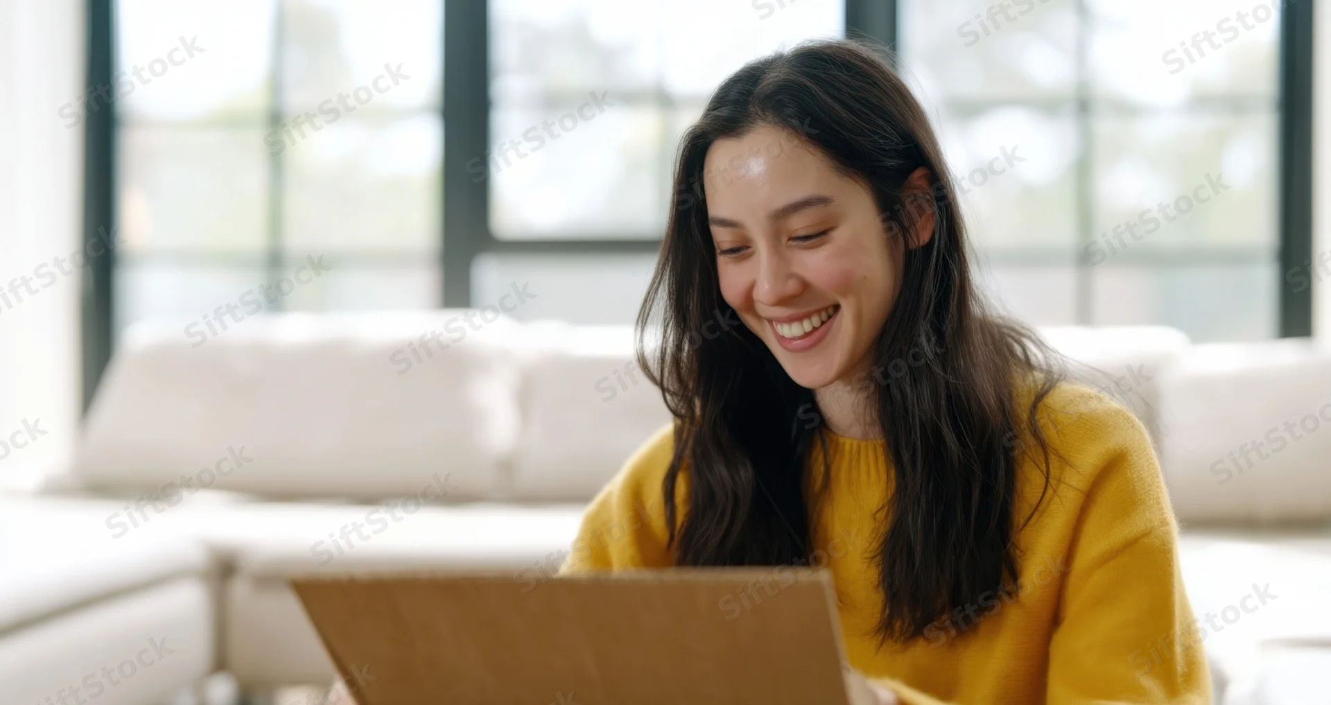 Young woman smiling while using laptop in living room