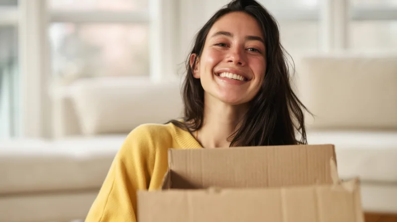 Young woman smiling while unpacking a cardboard box in a bright living room