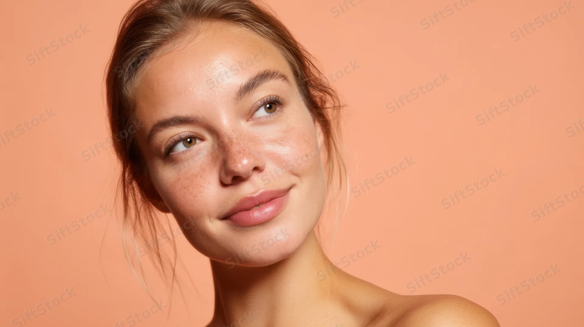 Young woman with natural glowing skin and freckles posing in studio against peach background