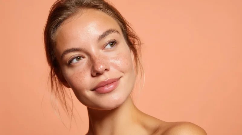 Young woman with natural glowing skin and freckles posing in studio against peach background