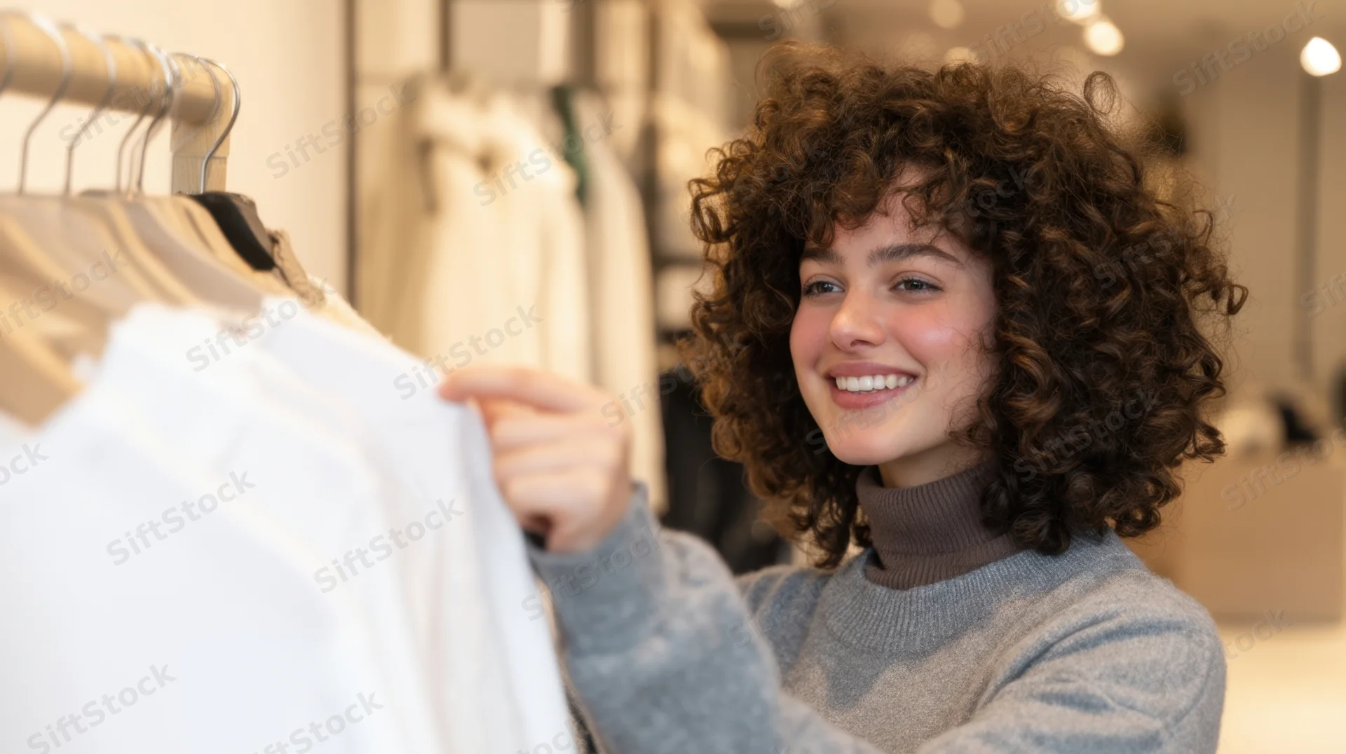 Young woman smiling while browsing white clothing on a rack in a store