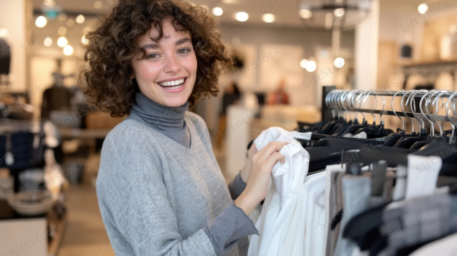 Young woman smiling while browsing clothes on a rack in a modern retail store