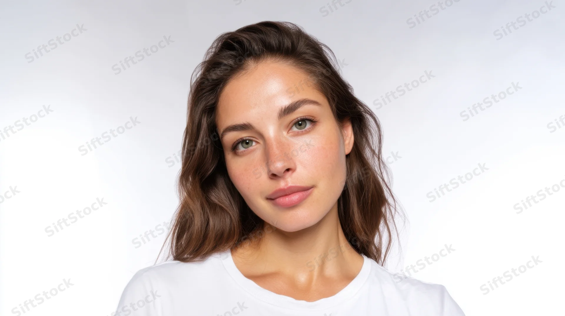 Young woman with natural skin and brown hair in a white tshirt against a plain white background