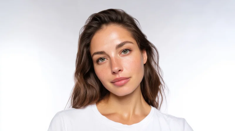 Young woman with natural skin and brown hair in a white tshirt against a plain white background