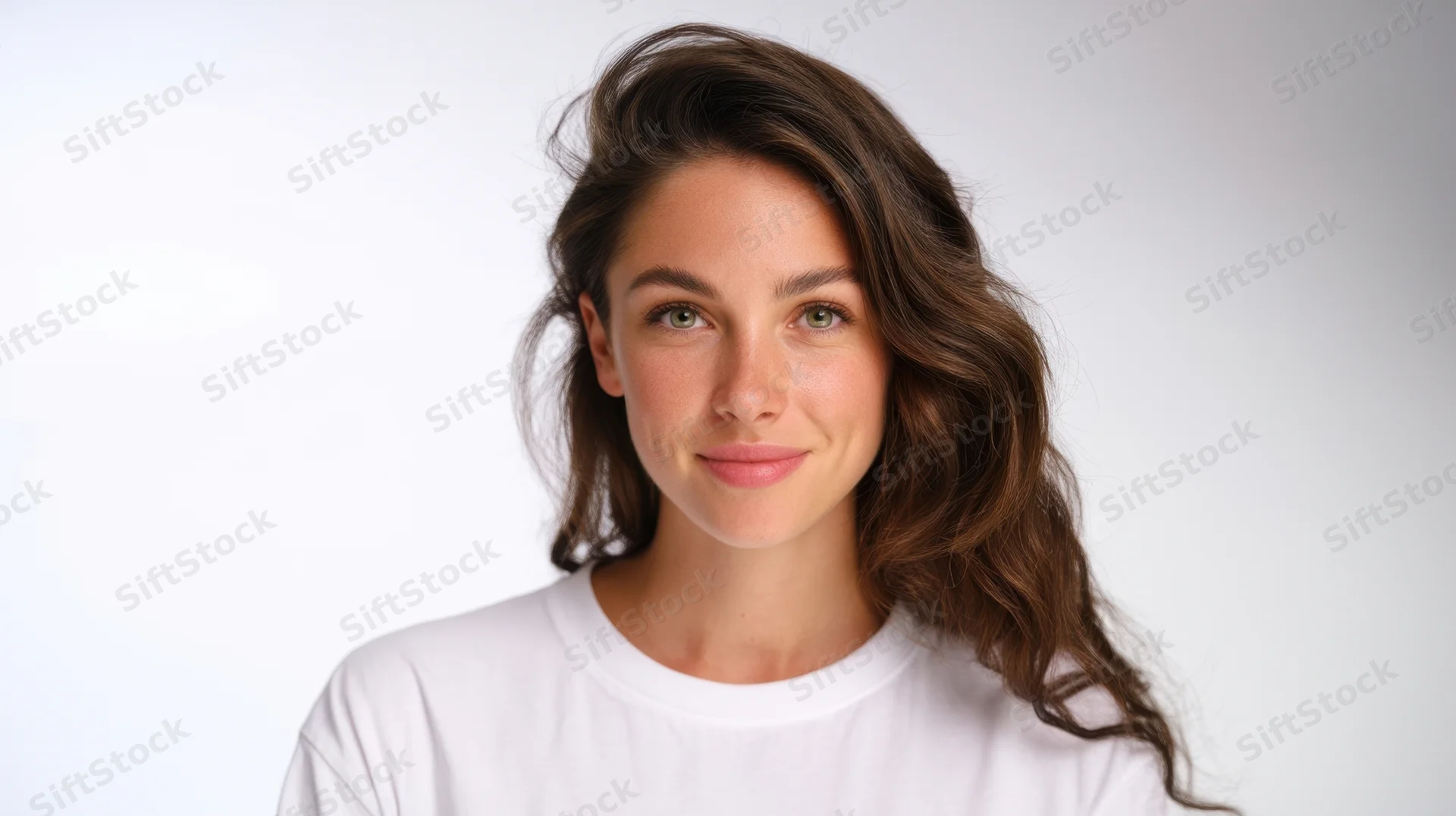 Young woman smiling at camera in white tshirt against plain background