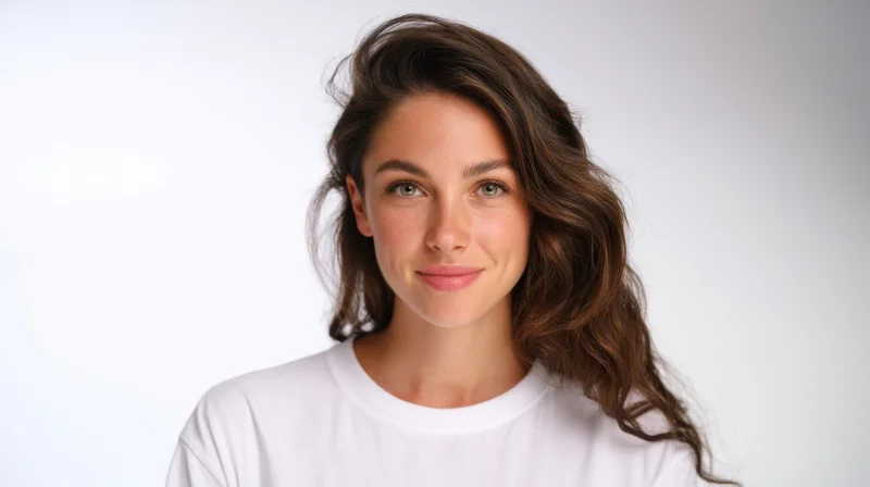 Young woman smiling at camera in white tshirt against plain background