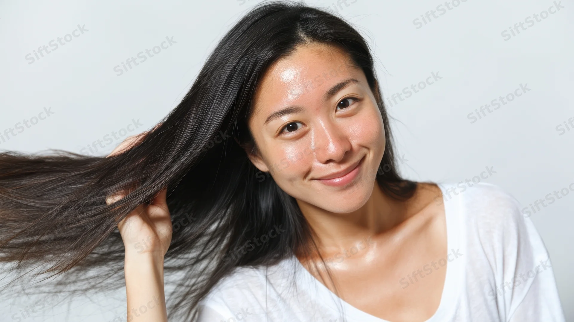 Young asian woman smiling while holding her long black hair in a studio setting