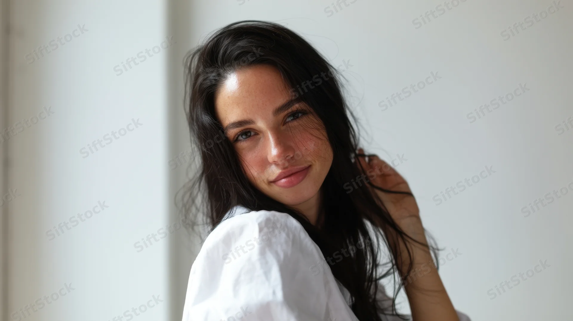 Young woman smiling softly while touching her dark hair indoors in a white shirt