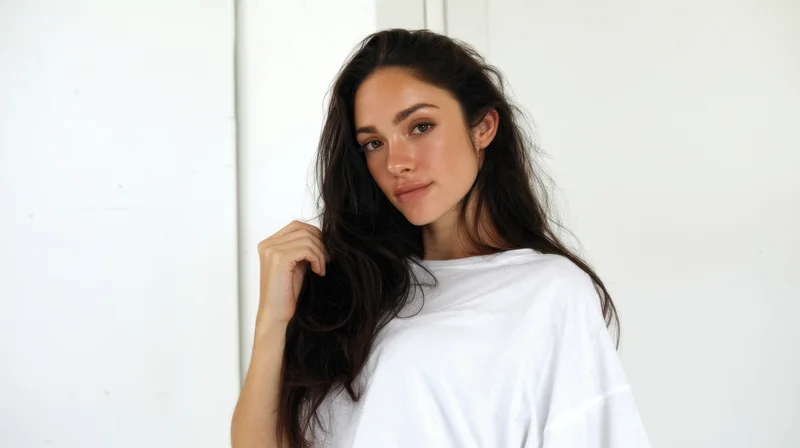 Young woman with long dark hair touching her hair while wearing a white tshirt indoors