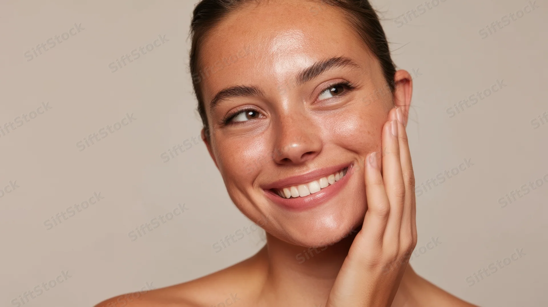 Young woman smiling with hand on cheek in studio portrait
