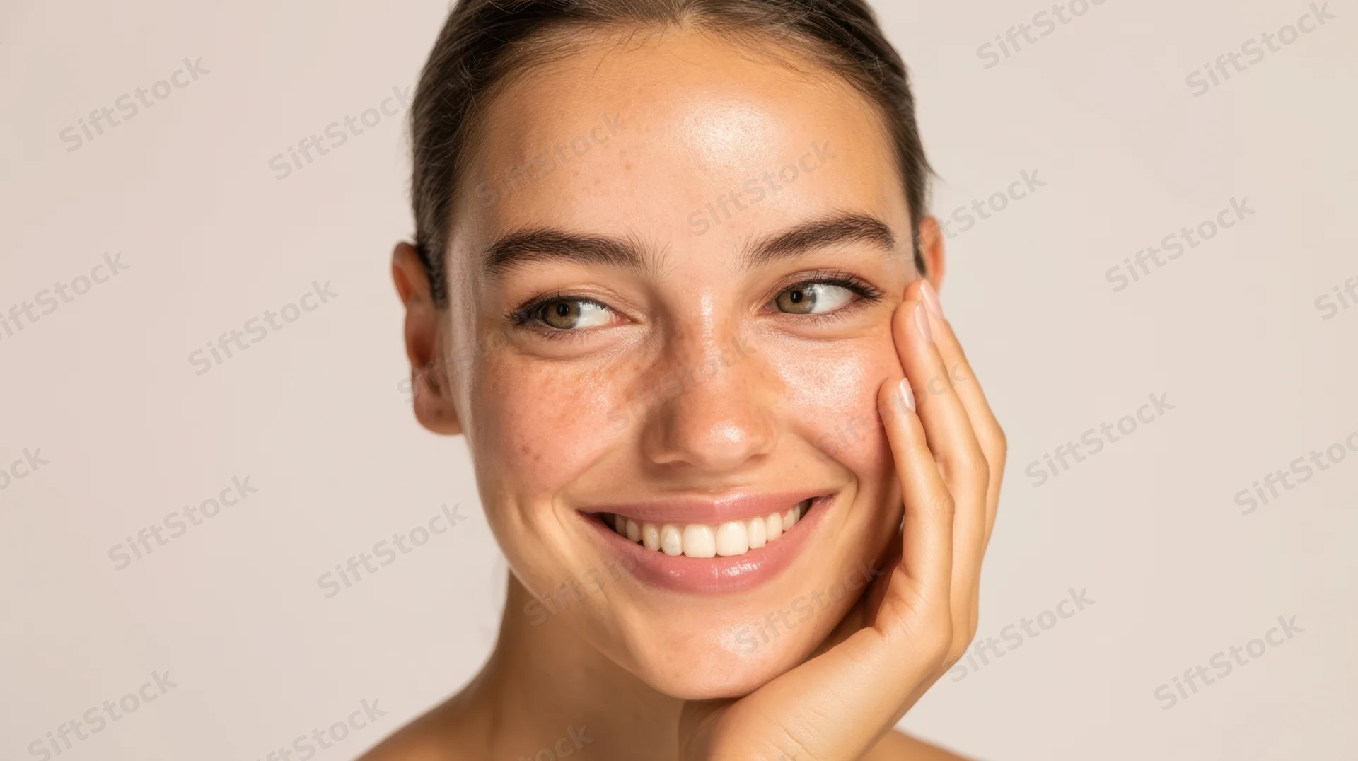 Young woman smiling with hand on cheek, showcasing clear glowing skin against plain background