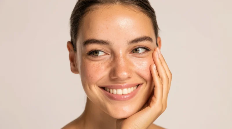 Young woman smiling with hand on cheek, showcasing clear glowing skin against plain background