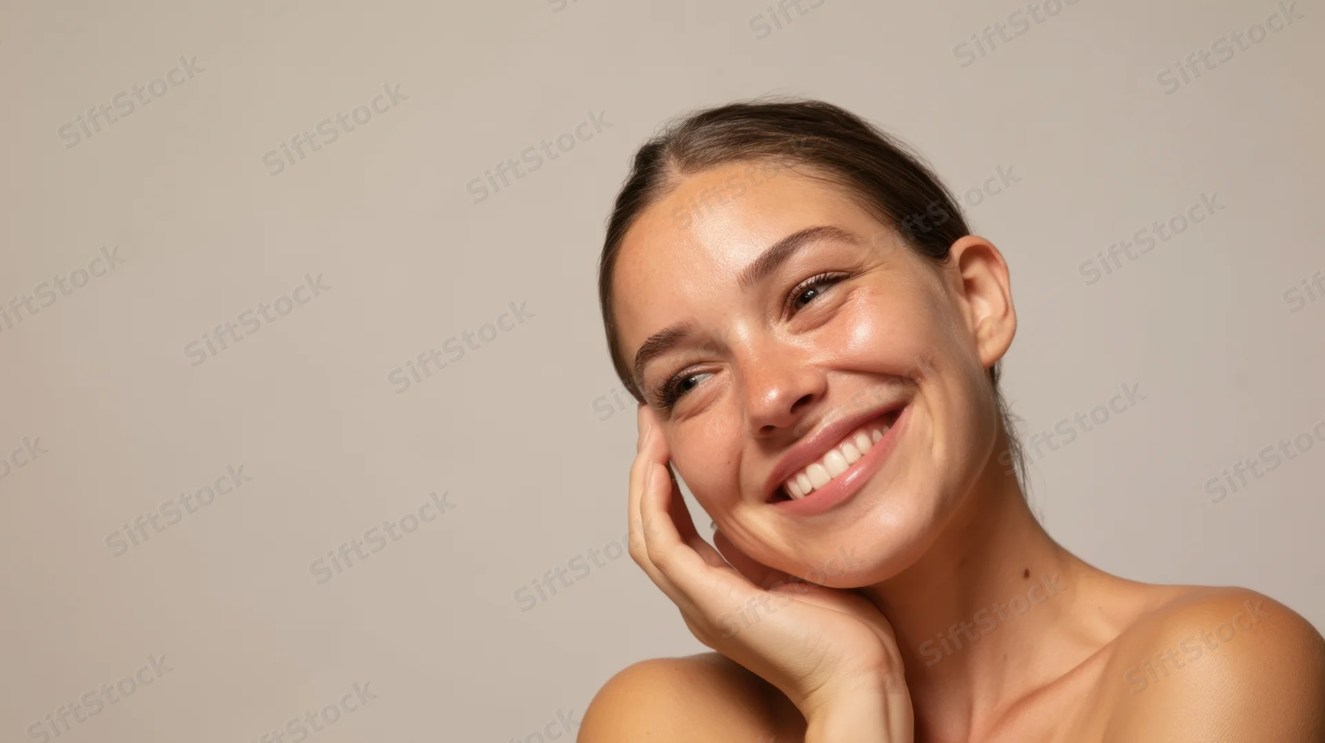 Young woman smiling with hand on cheek in studio portrait