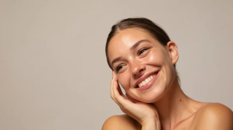 Young woman smiling with hand on cheek in studio portrait