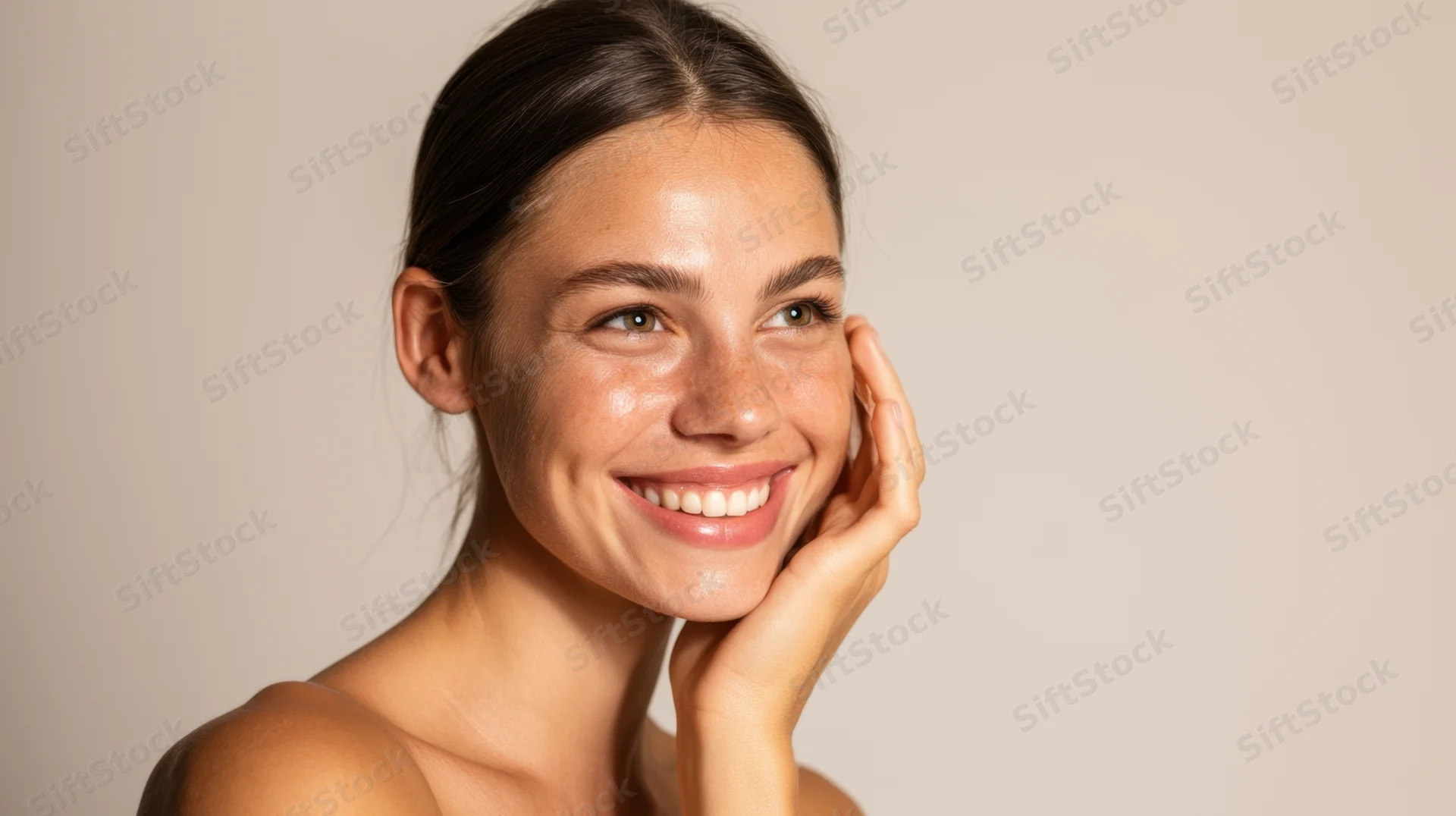 Young woman smiling with hand on cheek against beige background