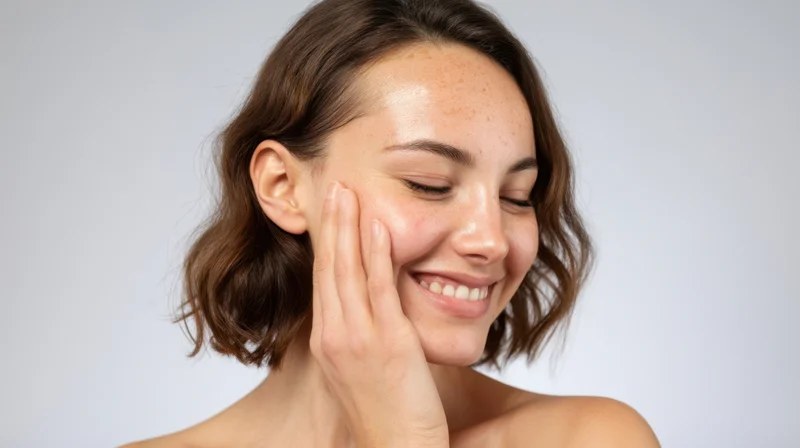 Young woman smiling with hand on cheek against plain background