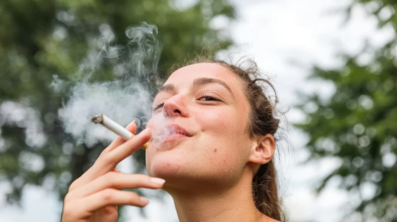 Young woman smoking a cigarette outdoors with trees in the background