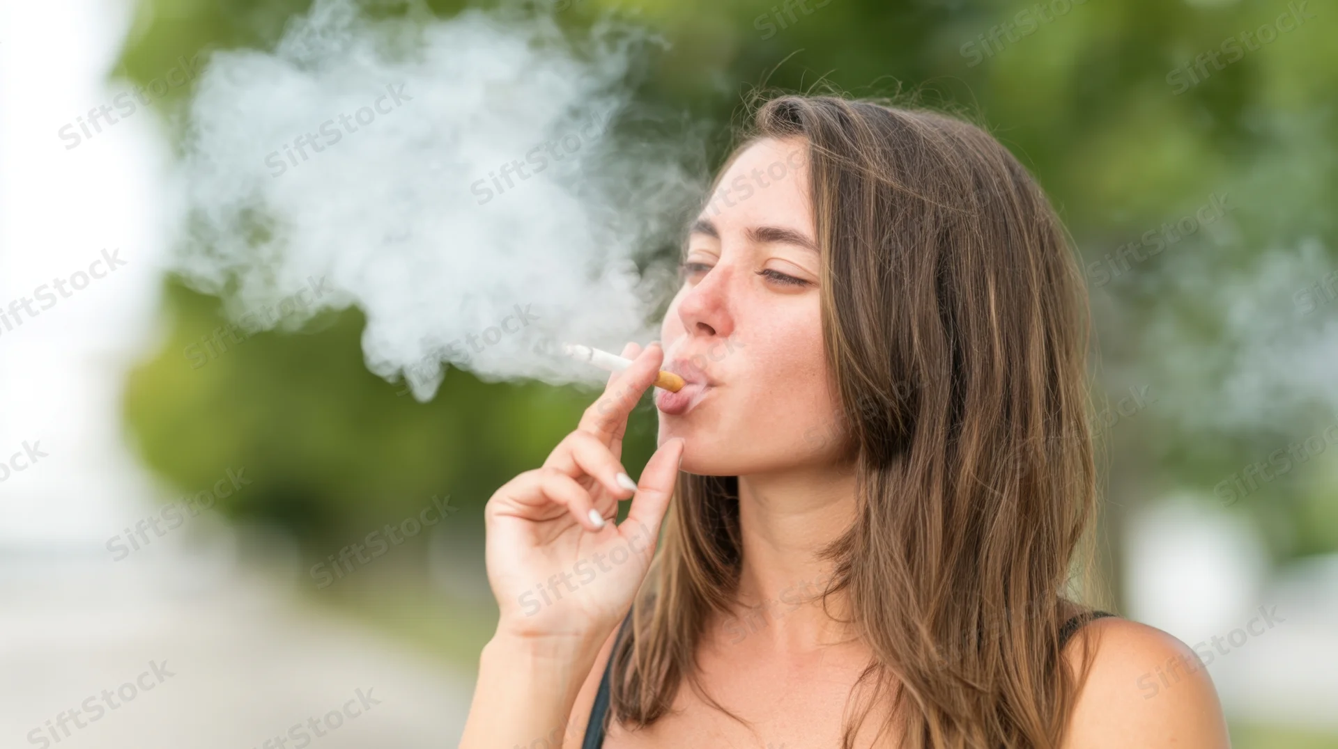 Young woman smoking a cigarette outdoors with smoke rising, eyes closed, in a park setting