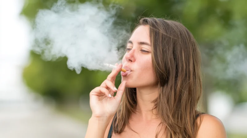 Young woman smoking a cigarette outdoors with smoke rising, eyes closed, in a park setting