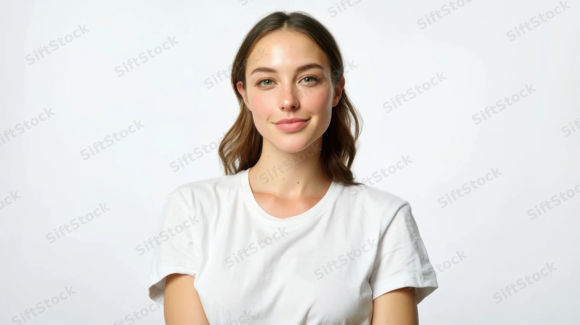 Young woman smiling in white tshirt against plain white background