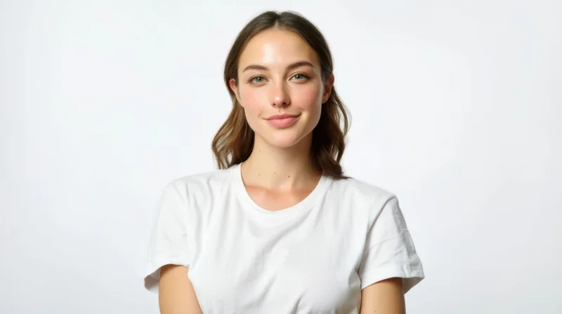 Young woman smiling in white tshirt against plain white background
