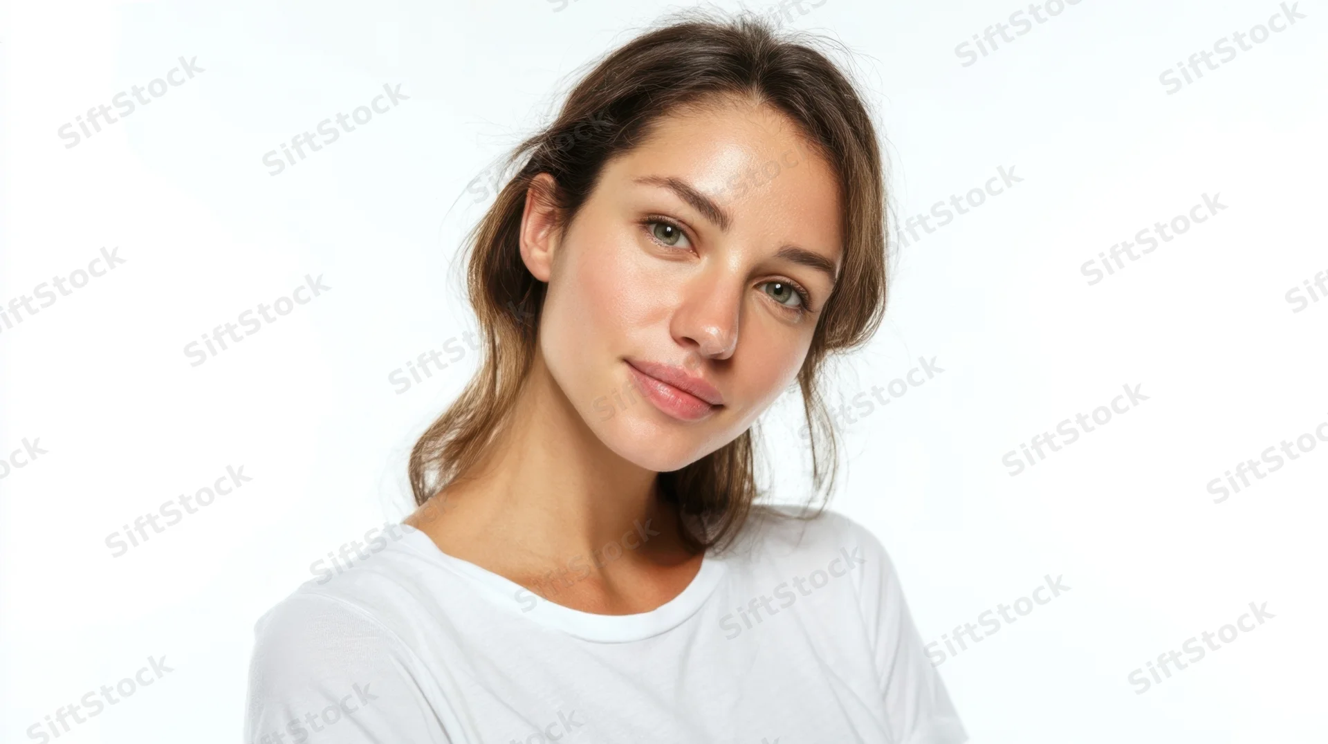 Young woman in white tshirt posing in studio with soft expression