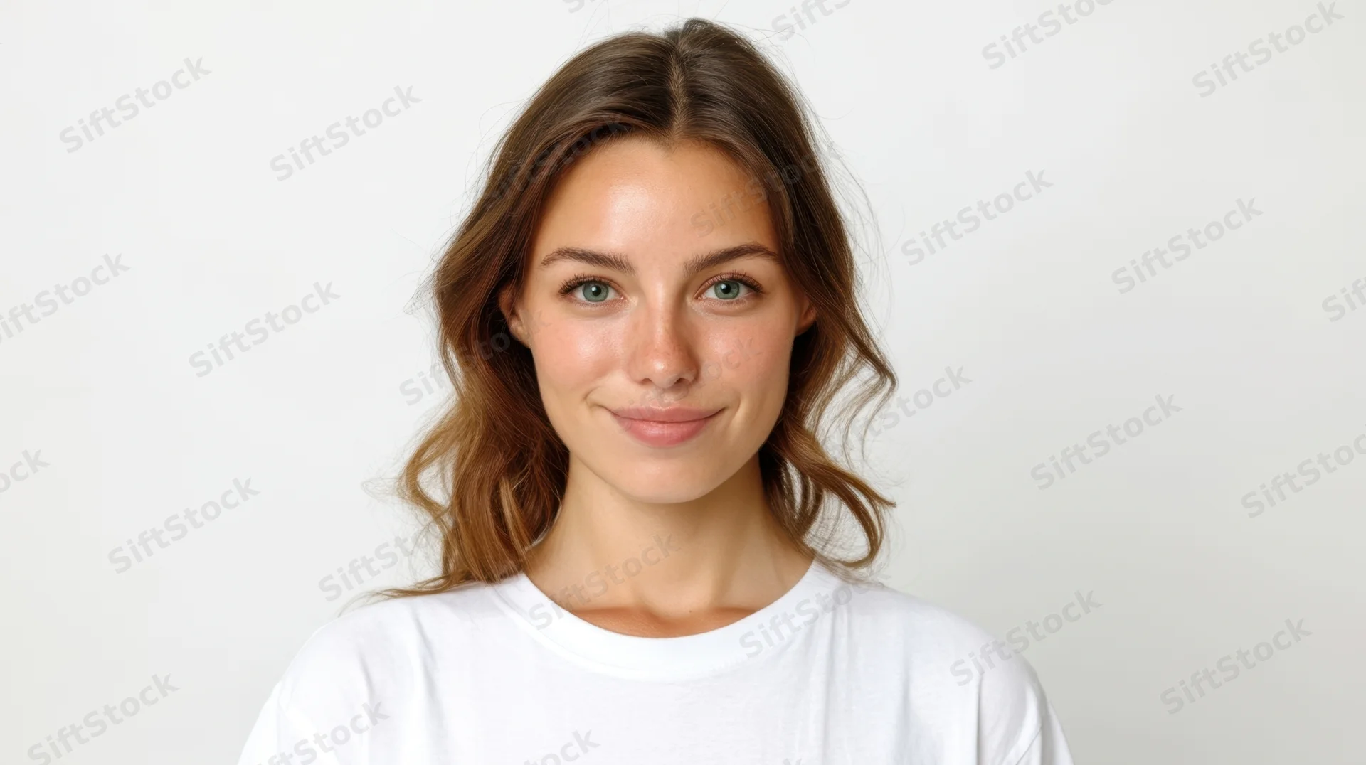 Young woman smiling in a white tshirt against a plain white background