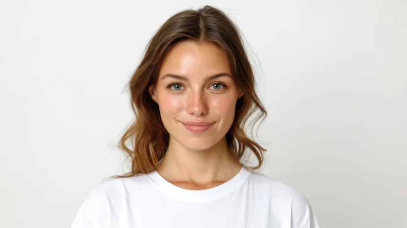 Young woman smiling in a white tshirt against a plain white background