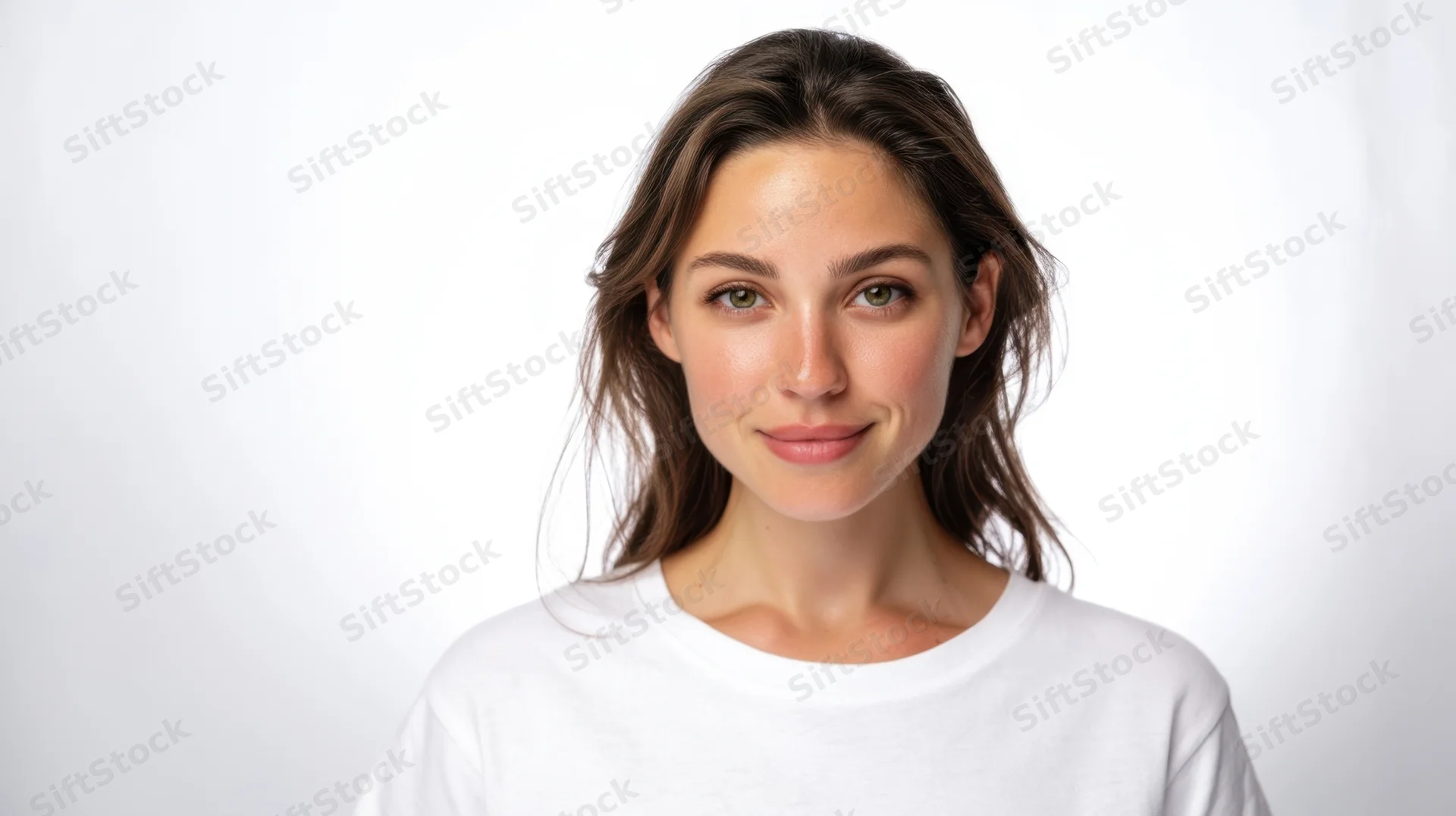 Young woman smiling at camera in white tshirt against plain white background