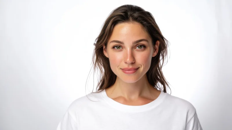 Young woman smiling at camera in white tshirt against plain white background