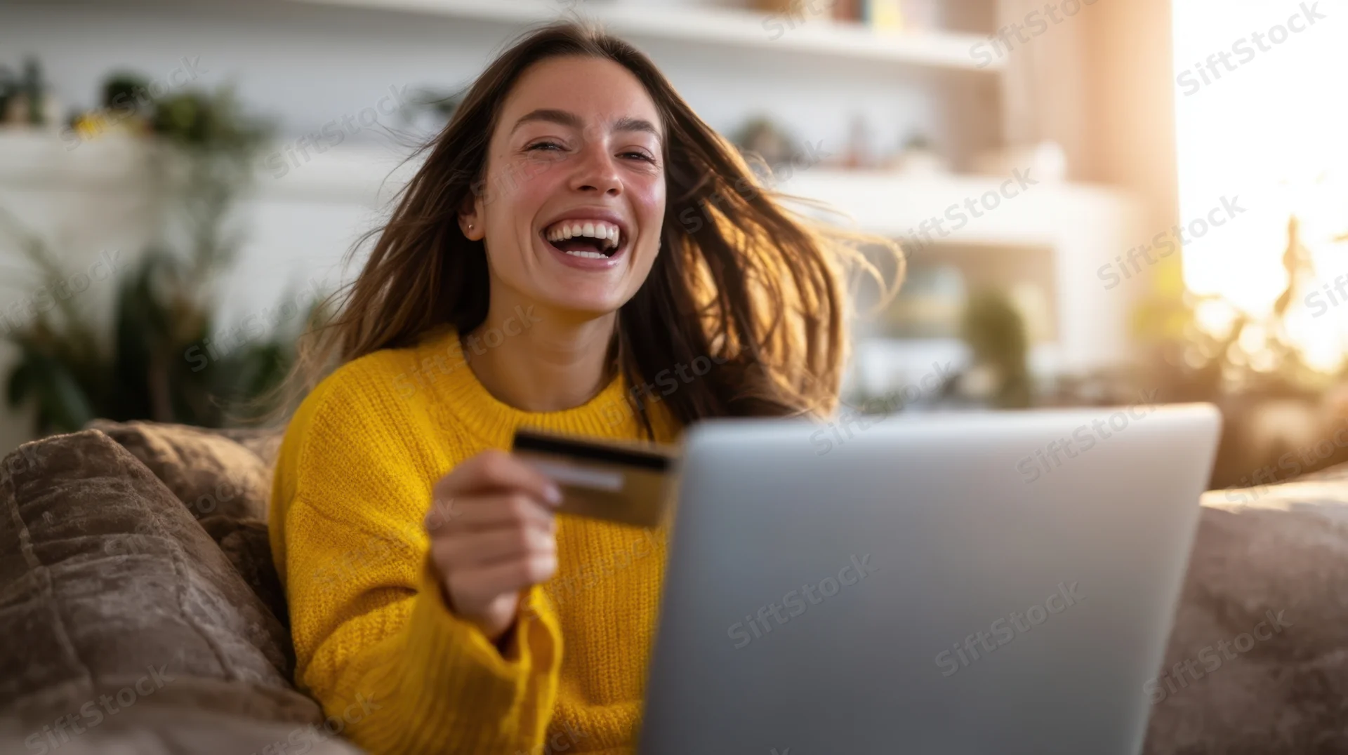 Young woman laughing while holding credit card and using laptop on couch at home