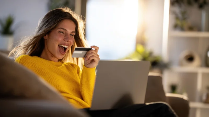 Young woman laughing while holding credit card and using laptop on couch at home