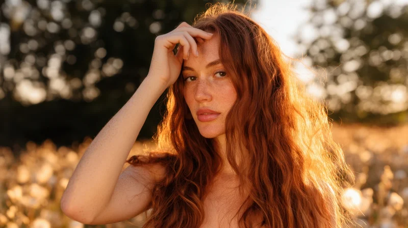 Young woman with long red curly hair touching her forehead in a sunlit field at golden hour