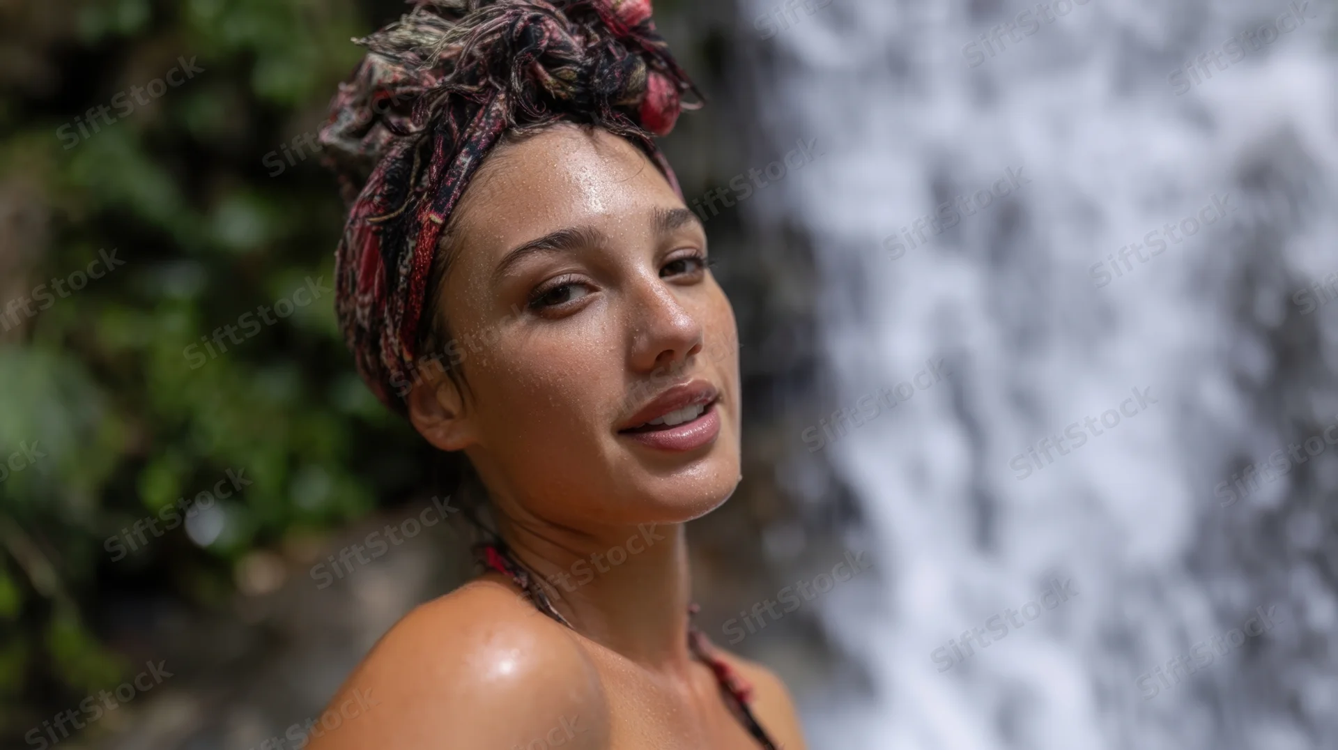 Young woman smiling near a waterfall in a lush tropical setting