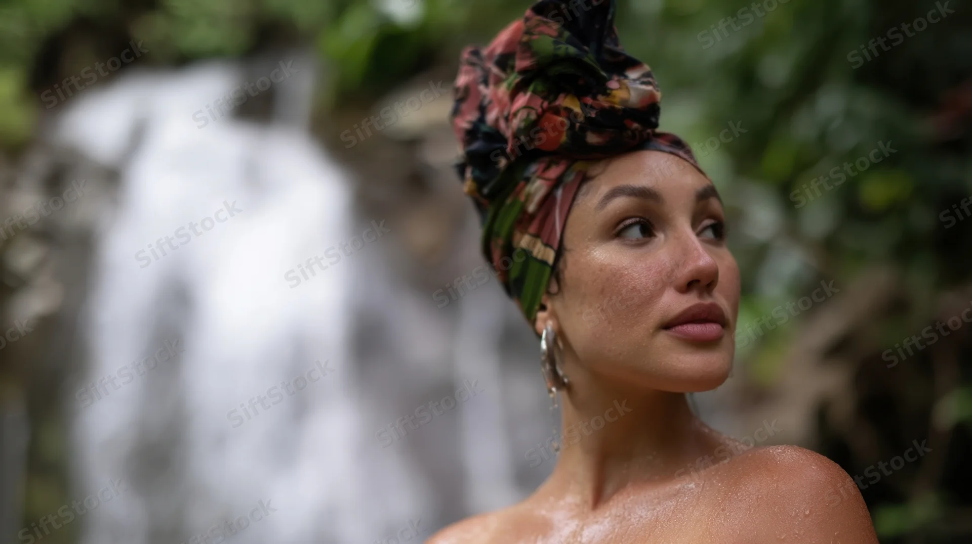 Young woman with patterned headwrap standing near waterfall in lush green jungle, water droplets on her skin