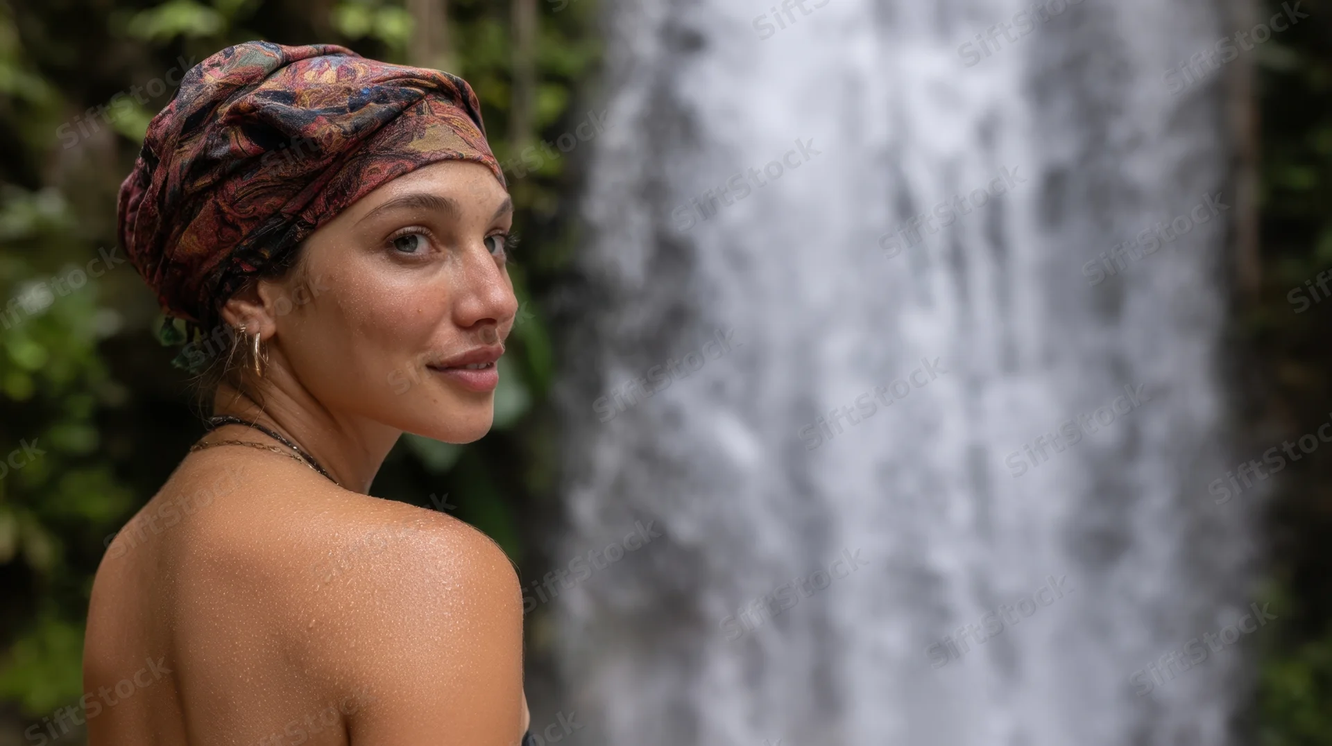 Young woman smiling in profile with wet skin near a waterfall in a lush jungle setting